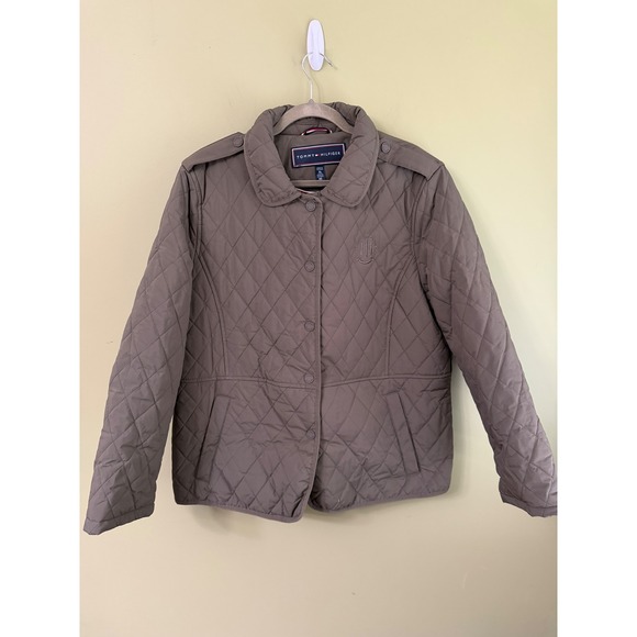 Tommy Hilfiger Jackets & Blazers - Tommy Hilfiger Womens XL Quilted Snap Front Jacket Taupe Green Crest Logo Coat
